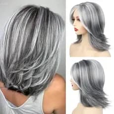 Perucas Em Camadas ADAMES Ombre Com Franja , Extensão De Cabelo Cinza Escuro , Peruca Bob Retas , Destaque