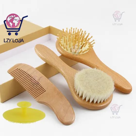Kit Para Recém-Nascidos Grooming Infantil Escova De Cabelo Macio Bebês De Madeira