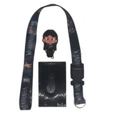 Kit Cordão Wandinha com Fecho Engate Rápido + Porta Crachá Retrátil + Porta Cartão Preto