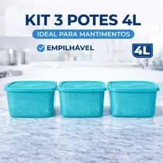 Kit 3 Potes 4L Plástico Retangular com Tampa para Mantimentos Cozinha Empilhável