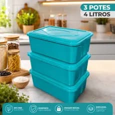Kit 3 Potes Plástico 4L Retangular Com Tampa Mantimentos Cozinha