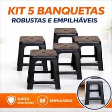 KIT BANQUETAS PLÁSTICAS PRETAS REFORÇADAS SUPORTA ATÉ 120KG BANCO ADULTO RESISTENTE