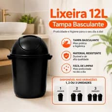 LIXEIRA PLÁSTICA 12L PRETA COM TAMPA BASCULANTE REFORÇADA RESISTENTE BANHEIRO COZINHA