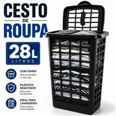 Cesto Roupa Suja 28 Litros Grande Com Tampa Plástico Resistente Preto Organizador