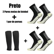 Kit Meias de Futebol Antiderrapante 2 Pares + 1 Par de Caneleiras Protetoras Preto