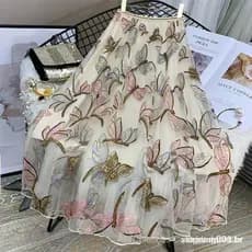 Saia Midi de Tule 65/75/85CM com Lantejoulas Bordadas de Libélula para Mulheres RTB9