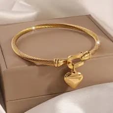 Pulseira com Pingente de Coração em Aço Inoxidável e Ouro 18K Adequada para Homens e Mulheres