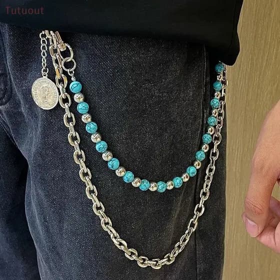 TUTU Na Moda Azul Rachado Pedra Grânulo Hip Hop Estilo Punk Chaveiros Para Homens Y2K Calças Acessórios De Corrente BR