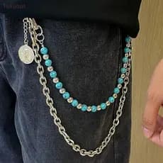 TUTU Na Moda Azul Rachado Pedra Grânulo Hip Hop Estilo Punk Chaveiros Para Homens Y2K Calças Acessórios De Corrente BR