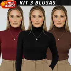 Kit 3 Blusa Cacharrel Feminina Gola Alta Canelada Manga Longa Inverno Segunda Pele Premium Promoção