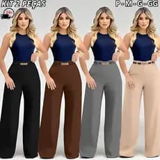 Kit 2 Calça Pantalona Alfaiataria Premium Feminina Com Cinto Bolso e Ziper Lateral
