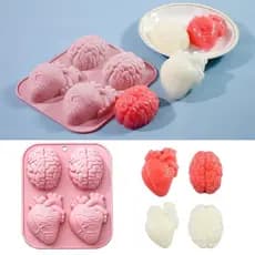 Moldes de Silicone para Coração e Cérebro Humanos, 4 Cavidades, Formas de Órgãos 3D de Halloween, Bandeja de Moldes O1MN
