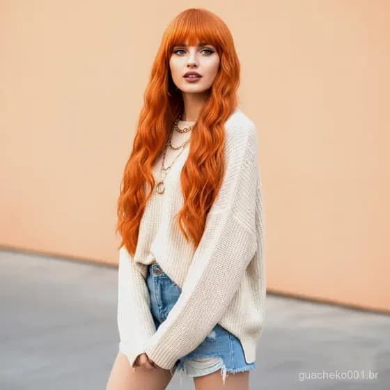 Perucas sintéticas longas, cacheadas, com ondas laranja e franja para mulheres, cosplay, Lolita, festa, resistente ao