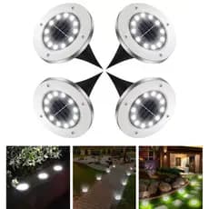 Kit Espeto jardim solar fotocélula inox prova d'água disco spot grama chão área externa 8 ou 12 LEDs