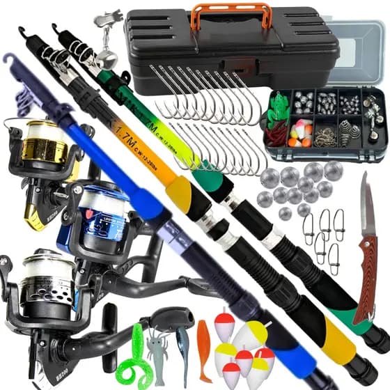 Kit Pesca Esportiva 3 Varas + 3 Molinetes + Caixa de Acessórios Completa