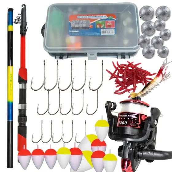 Kit Pesca com Vara 1 Telescópica, 1 Vara Molinete 1 Molinete 200, Boias, Anzóis, Chumbadas e Estojo Completo