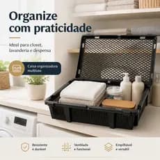 Caixa Organizadora Plástica Multiuso Com Tampa Ventilada Preta 40x58x13,5cm ideal para armazenamento