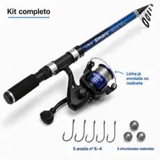 Kit de pesca completo com vara telescópica 1.70m, molinete 200 e acessórios. Perfeito para iniciantes e experientes