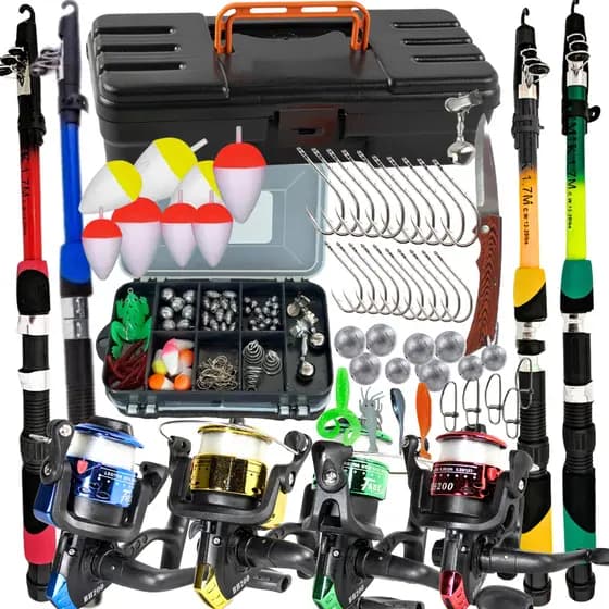 Kit Pesca Esportiva 4 Varas + 4 Molinetes + Caixa de Acessórios Completa