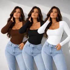 Body Feminino Manga Longa Decote Quadrado Suplex Modelador Casual Elegante Confortável