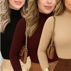 Blusa Feminina Manga Longa Cacharrel Segunda Pele Gola Alta Suplex Poliamida Casual Trabalho Inverno