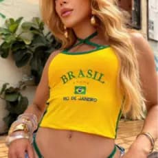 Cropped Brasil Rio de Janeiro Estilo Virgínia  Verde e Amarelo | Regata Canelada Alça Fina
