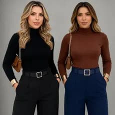 Kit 2 Blusas Cacharrel Feminina Gola Alta Manga Longa Suplex Premium Básica Inverno Moda Elegante