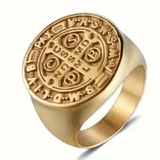 Anel São Bento Gold Religioso de Aço Inoxidável Dourado Estiloso