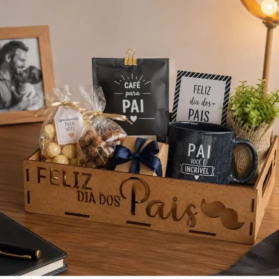 Conjunto Cesta Dia Dos Pais MDF Resistente Presente Frase Vazada