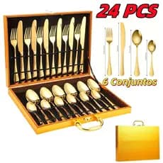 Jogo Talheres 24 Peças Faqueiro Dourado Aço Inox Premium Luxo cozinha Com Maleta