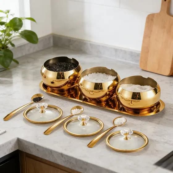 Kit3 Potes Açúcar Condimentos Com Bandeija Aço Inox 304 Esférico Cozinha Luxuoso Moderno Organizador
