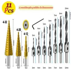 Conjunto de 11 peças de posicionamento de expansão de carpintaria Conjunto de brocas escalonadas com revestimento de tit