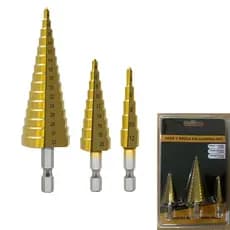 Conjunto de 3 brocas escalonadas Brocas cônicas de aço rápido revestidas com titânio para perfuração e corte de alumíni