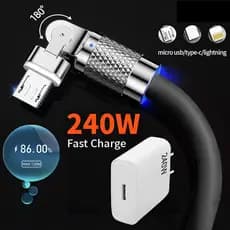 Cabo iOS Micro USB Tipo C De Carregamento Rápido De 1.2 M Suporta 180 ° Rotação Silicone LED Indicador 240W Carregador A