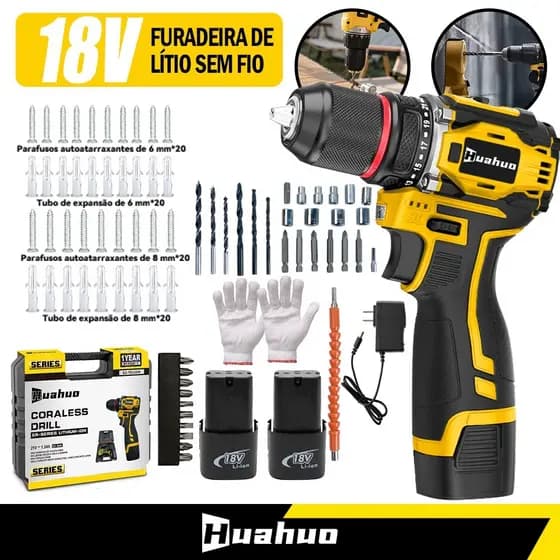 700W【110/220V】Parafusadeira Elétrica Parafusadeira Furadeira 18V 2 Baterias Com Maleta e Acessórios Completo