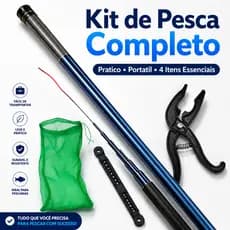 Kit Pesca completo Vara Telescópica 1,80m + Viveiro saco sambura + Alicate Pega Peixe + enrolador de linha