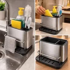 Organizador de Pia Cozinha Inox com Porta Detergente Sabão Líquido Escova Esponja Suporte Pano