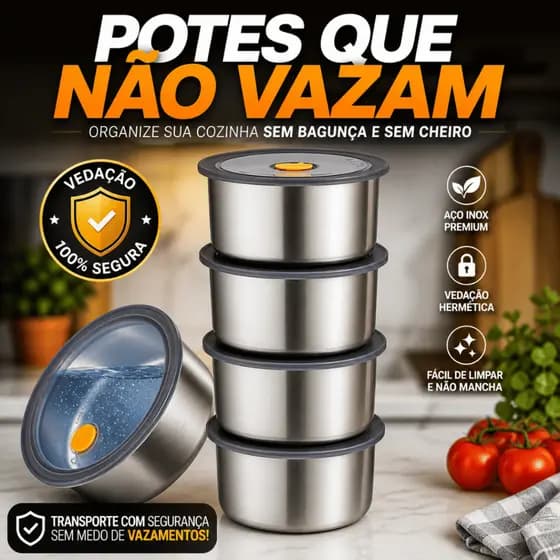 Kit 4 Potes Herméticos De Inox Redondos 450ml Jogo Porta Mantimento Com Tampa Organizador de Cozinha