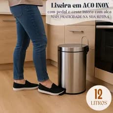 Lixeira Inox Redonda Multiuso com Cesto Pedal para Banheiro Cozinha Escritório 12 Litros