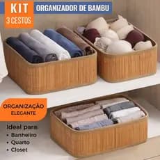 Kit Organizador de Bambu 3 Cestos Decorativo Elegante Multiuso Banheiro Quarto Closet Guarda-Roupas