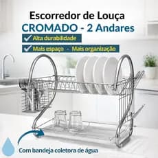 Escorredor de Louças 2 Andares Aço Cromado Bandeja Coletora Água com Porta Talheres Copos Compacto