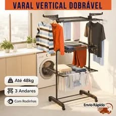 Varal Vertical 3 Andares Inox Dobrável de Chão Preto Alumínio Com Rodinhas e Cabideiro Resistente