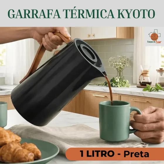 Garrafa Térmica 1 Litro Preta Isolamento Térmico Portátil Com Alça Cabo Bambu Madeira Café Chá Suco