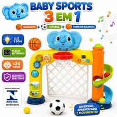 Brinquedo Educativo 3x1 Sports Elefantinho Basquete Futebol Torre Bolinhas Luz Som Placar Eletrônico