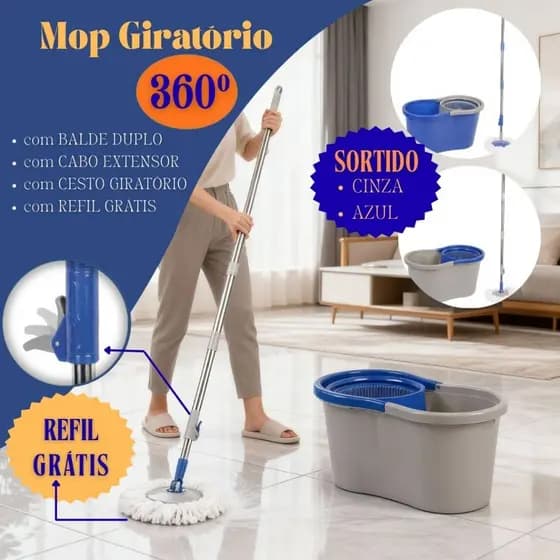 Mop Esfregão Giratório 2 Duas Águas Limpeza Casa Sortido Chão Balde Centrifuga Cabo Regulável  Refil