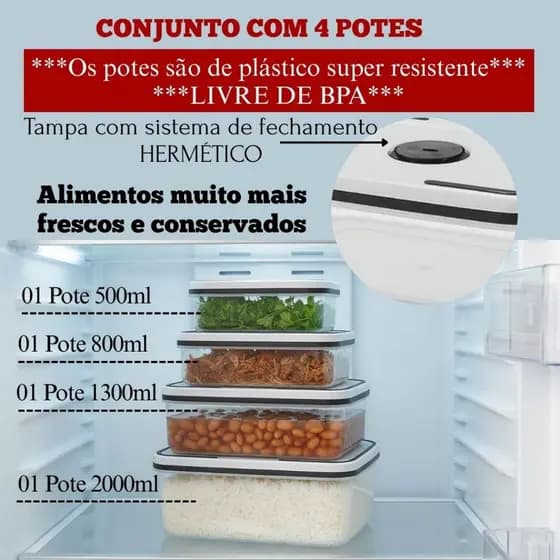 Kit 4 Potes Herméticos Porta Mantimentos Marmita Cozinha Organizadores Geladeira Plástico Livre BPA