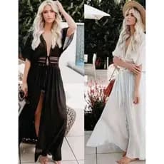 Praia 988 Saída de praia Roupas Vestido longo renda feminino