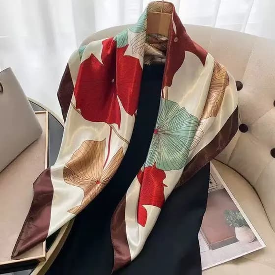 Lenços Estamapa Folha de Lótus Cetim Seda Elegante Primavera 90x90 Lenços da Moda cachecol Cetim Cabeça Pescoço