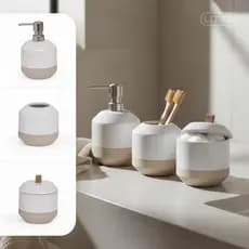 Kit 3 Peças Banheiro Lavabo Branco e Cerâmica Conjunto Moderno Combo Porta Sabonete Copo Multiuso Pote com Tampa Premium
