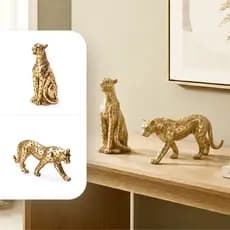 Kit 2 Esculturas Leopardo Poliresina Premium Felino Dourado Decorativo Luxo